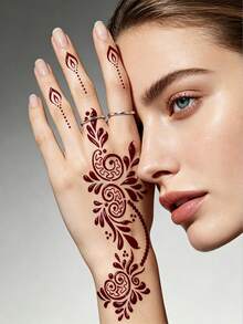 4pcs Henna Style Floral Tattoo Stencils, Flower Paisley Fingertip Chain Pattern, Reusable Henna Template Stickers, Daily/Wedding/Eid DIY Body Art Tools,Formulated Without Henna - Black - View 3