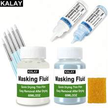 KALAY 60ml Blue/White Watercolor Masking Fluid, Liquid Masking For Watercolor Painting With Silicone Pen And Brush, Quick Dry Peelable Art Tool For Painting, Modeling, - Concealer - View 2