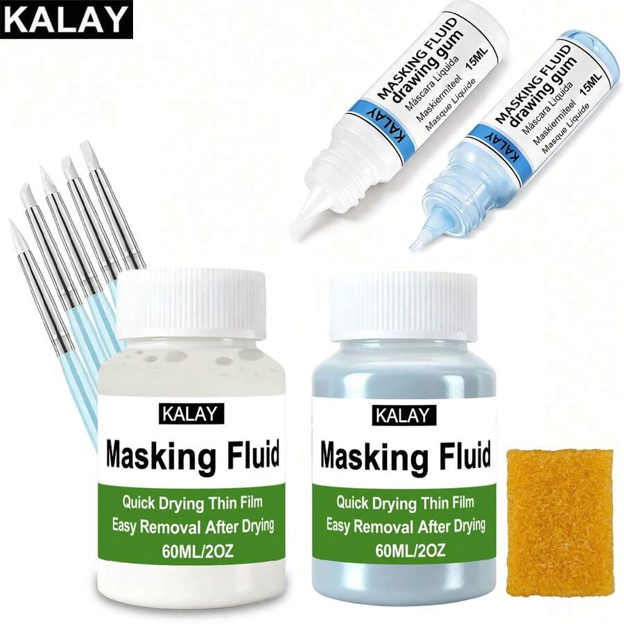 KALAY 60ml Blue/White Watercolor Masking Fluid, Liquid Masking For Watercolor Painting With Silicone Pen And Brush, Quick Dry Peelable Art Tool For Painting, Modeling,