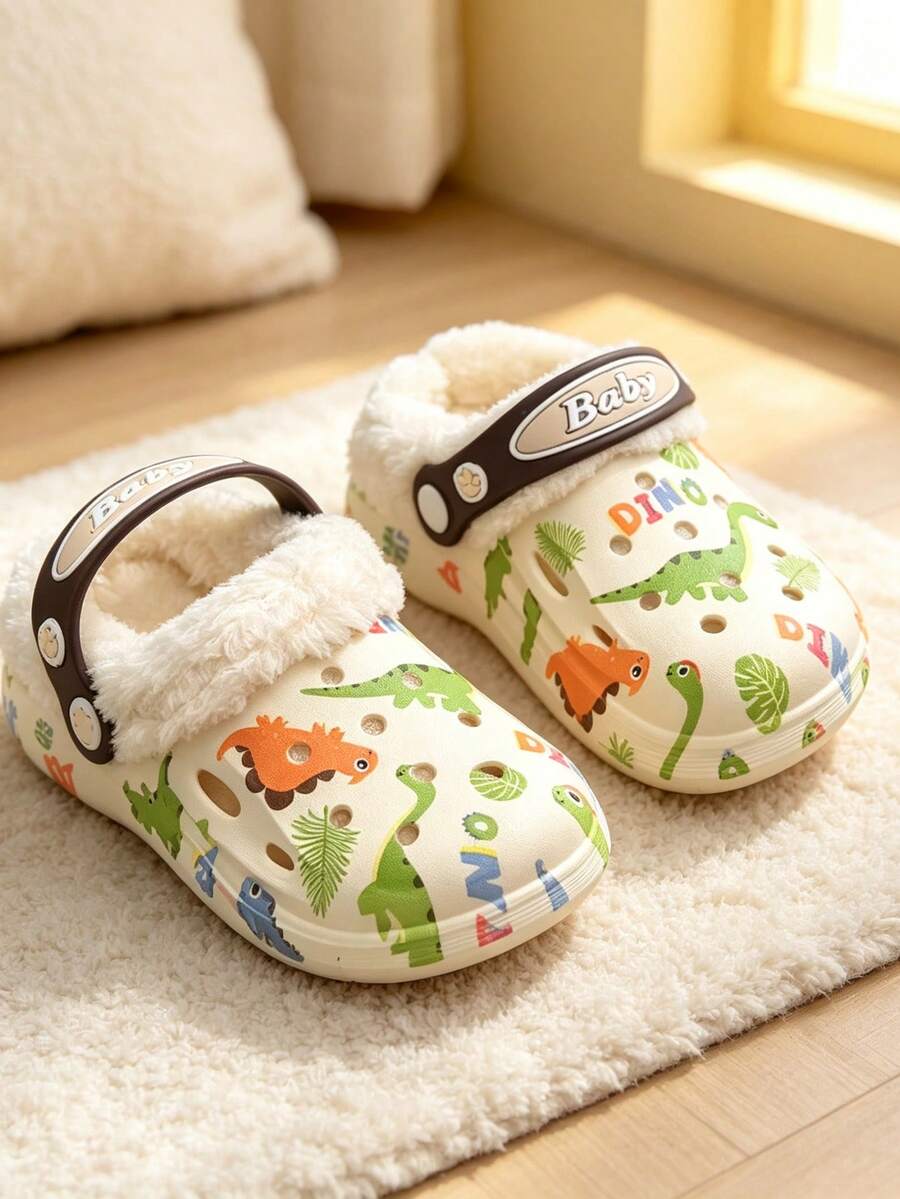 New Cartoon Dinosaur & Rabbit Decor House Slippers, Suitable For Boys & Girls Daily Home Wear, Soft & Warm Lining - White - View 1