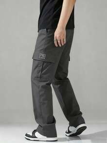 Men's Spring/Autumn Multi-Pocket Cargo Pants, Solid Color Loose Fit Fashion Sports Casual Long Pants - Grey - View 4