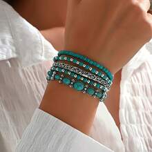 1 buah Set Gelang Berlapis Turquoise Bohemian, Gelang Tali Elastis Vintage, Aksesori Tangan Manik-manik Buatan Tangan, Perhiasan Serbaguna untuk Liburan Pantai Musim Panas, Aksesori yang Dapat Ditumpuk, Elastis yang Dapat Diatur - MultiWarna - View 2