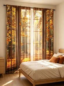 2pcs Autumn Forest Landscape Printed Window Curtains, Nature Tree Scenery Design, Light Filtering Polyester Rod Pocket Curtains For Bedroom Living Room Home Decor - Multicolor - View 11