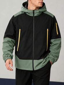 Men Plus Size Hooded Zip-Up Long Sleeve Jacket, Color Block Design, Suitable For Outdoor, Hiking, Casual Wear, All Seasons,Fall - Army Green - View 1