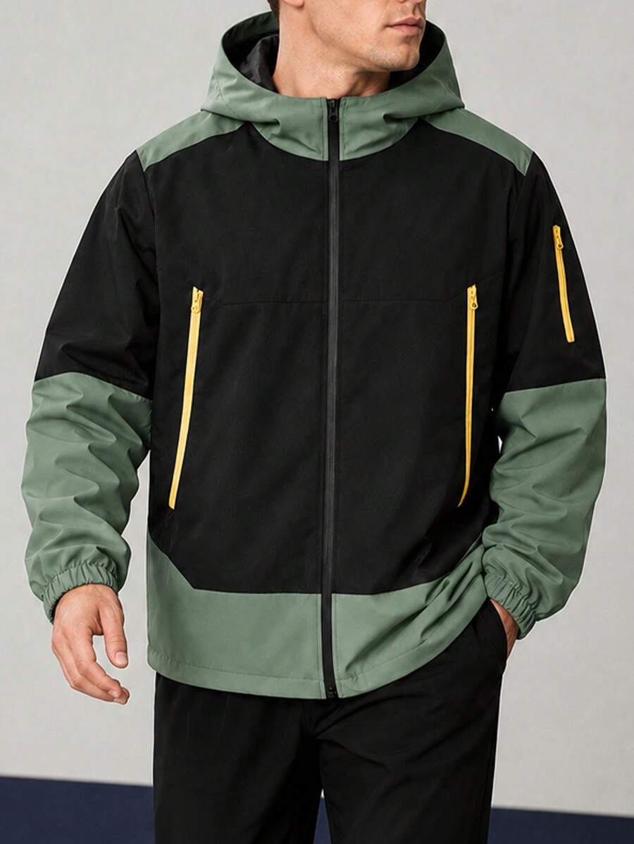 Men Plus Size Hooded Zip-Up Long Sleeve Jacket, Color Block Design, Suitable For Outdoor, Hiking, Casual Wear, All Seasons,Fall - Army Green - View 1