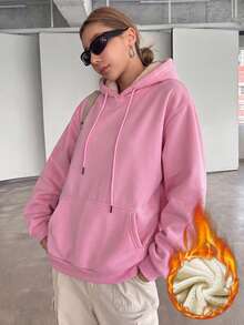 Women's Thermal Lined Hooded Sweatshirt, Casual Drawstring Kangaroo Pocket Loose Fit Sweatshirt, Thick Warm Plush Lining Pullover - Pink - View 3