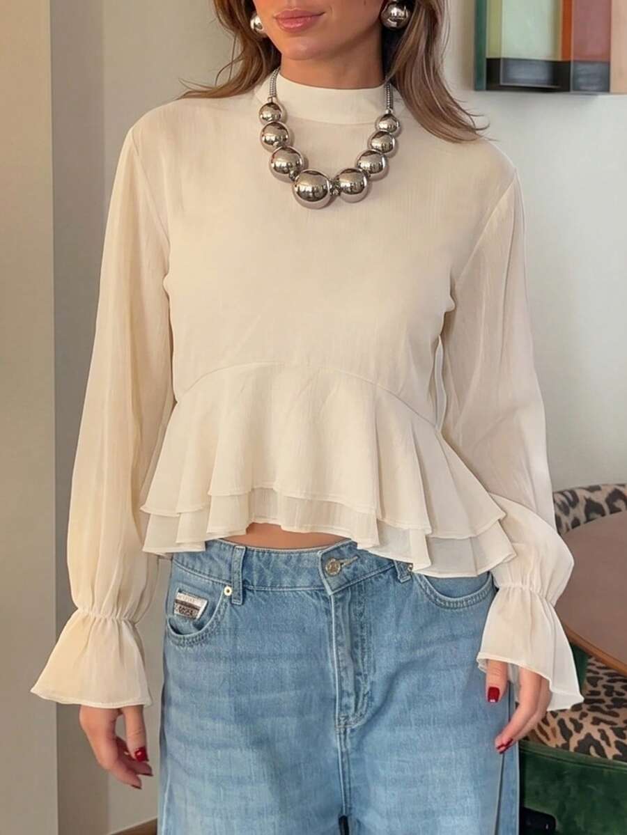 Stand Collar Flared Sleeve Ruffle Hem Crop Top, Elegant Solid Color Layered Ruffle Short Blouse - Apricot - View 1