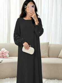 Elegant Double Layer Khimari Long Robe, Pearl Decorated Drawstring Sleeves, Loose Fit Modest Long Dress, Suitable For Middle Eastern Women - Multicolor - View 13
