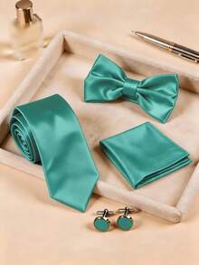 4pcs Men's Business Fashion Versatile Solid Color Polyester Tie & Bow Tie & Pocket Square & Cufflinks Set Suitable For Wedding, Celebration And Daily Wear - Teal Blue - View 1