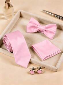 4pcs Men's Business Fashion Versatile Solid Color Polyester Tie & Three-Fold Bow Tie & Pocket Square & Cufflinks Set Suitable For Wedding, Celebration And Daily Wear - Baby Pink - View 1