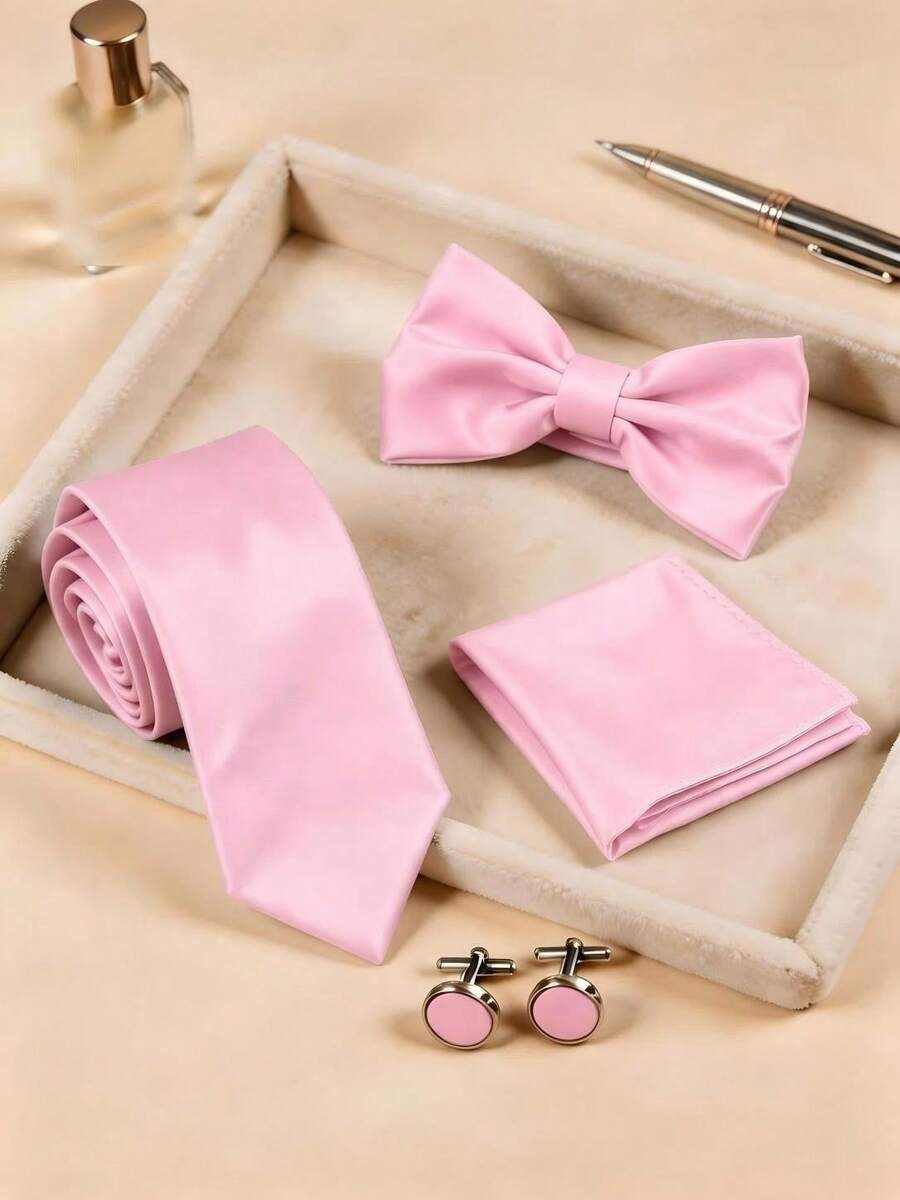 4pcs Men's Business Fashion Versatile Solid Color Polyester Tie & Three-Fold Bow Tie & Pocket Square & Cufflinks Set Suitable For Wedding, Celebration And Daily Wear - Baby Pink - View 1