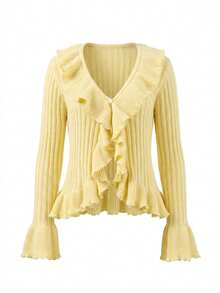 Cardigan Rajut Tipis Wanita, Trim Berumbai, Lengan Panjang, Detail Kancing, Potongan Longgar, Cocok untuk Dipakai di Musim Gugur. - Kuning - View 8