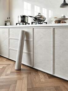 1 Roll Matte Beige Marble Pattern Kitchen Oil-Proof Sticker, Waterproof Self-Adhesive Wallpaper, Faux Stone Texture Stove Top Countertop Heat-Resistant Cabinet Renovation Marble Sticker, Self-Adhesive Cabinet Protection Film, Cabinet Door Scratch-Resistant Film - Matte Beige - View 2