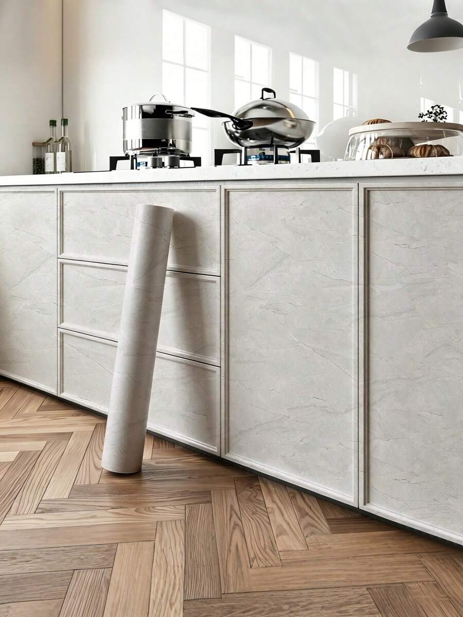 1 Roll Matte Beige Marble Pattern Kitchen Oil-Proof Sticker, Waterproof Self-Adhesive Wallpaper, Faux Stone Texture Stove Top Countertop Heat-Resistant Cabinet Renovation Marble Sticker, Self-Adhesive Cabinet Protection Film, Cabinet Door Scratch-Resistant Film