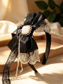 1pc Women's Black Peacock Embroidered Lace Satin Small Flower Bow Rhinestone Chain Oversized Lace Square Pearl Headband, Elegant For Daily, Party, Performance, Vacation - Multicolor - View 10