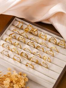 3/6/10/15/20/30pcs European And American Luxury Style Stainless Steel Gold Ring Set, Rhinestone Heart And Butterfly Design, Suitable For Women's Daily, Holiday, Date, Engagement, Wedding Wear - Gold - View 2