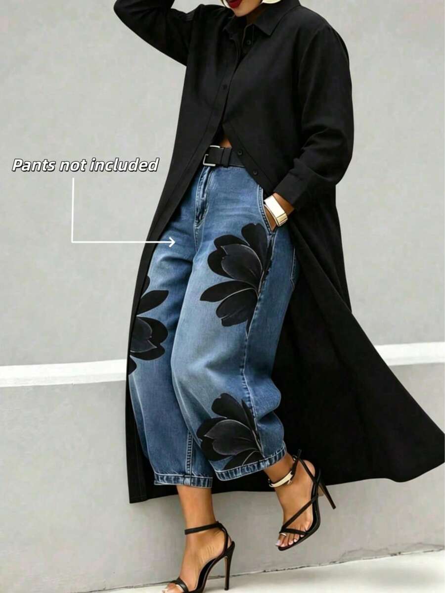 女款休閒純色長袖夏季長版襯衫洋裝 春季優雅寬鬆大碼度假假日上衣 黑色開襟襯衫