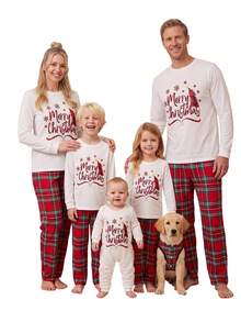 Christmas Family Matching Pajamas Set Print Long Sleeve Tops, Plaid Pants - Red - View 3