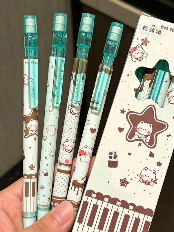 4pcs Mint Cat Automatic Pencils, Break-Resistant, Student Activity No-Sharpening Pencils 0.5mm Lead, Sweet Cool Star Automatic Pencils, Minimalist Student Break-Resistant Activity Pencils