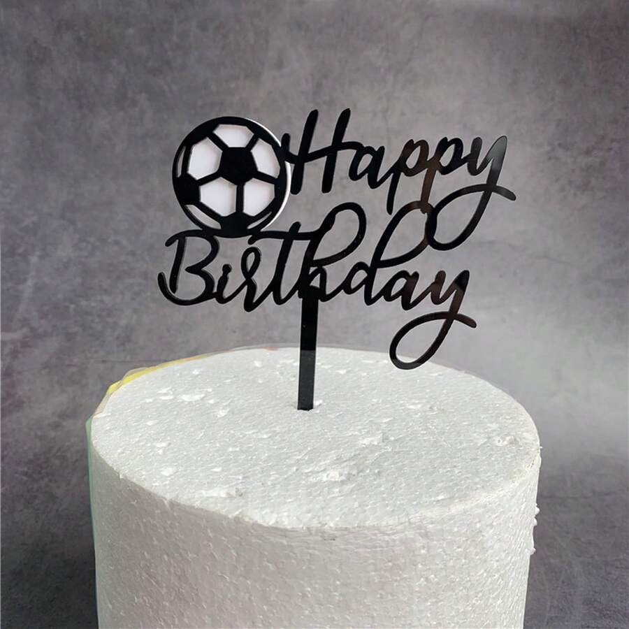 Adorno de Tarta de Acrílico Feliz Cumpleaños de Fútbol - Blanco y Negro - Ver 1