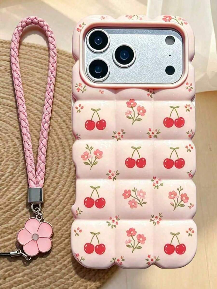 1件粉色花卉櫻桃蝴蝶結手機殼附花卉掛繩，適用於 iPhone 17 16 14ProMax 13Pro 13 14 15 Pro Max 12 11 15Pro 17ProMax 16Pro，3D 防護手機殼，適用於 iPhone 18Pro Max 18Pro 時尚手機殼 - 粉色 - 查看 1