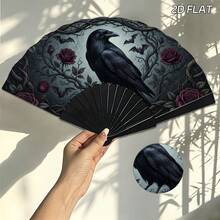 Dark Vintage Crow & Red Rose Kung Fu Folding Fan, Halloween Photography Backdrop Accessory, Niche Gothic Style - Multicolor - View 4