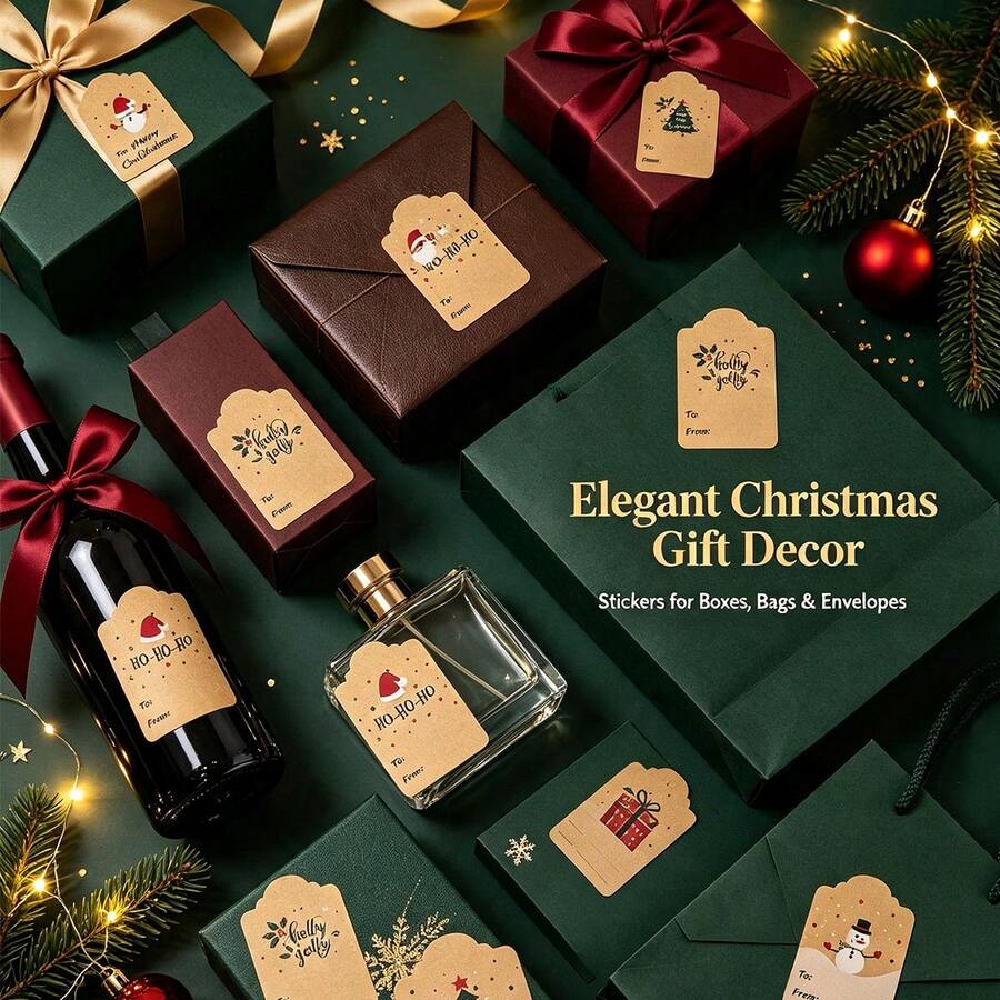 Vintage Kraft Paper Christmas Gift Stickers Roll, Cute Snowman Santa Claus Christmas Tree Pattern, Wavy Edge Rectangular Holiday Label Stickers, Self-Adhesive Easy Tear Easy Apply, With To/From Writing Area, Suitable For Gift Box Decoration, Gift Bag Sealing, Gift Wrapping Accents, Holiday Gift Box Labels, Christmas Party Decoration, New Year Gift Identification, Suitable For Christmas, New Year, Winter Holiday Gifting, Family Gathering, Business Gift Packaging, Multi-Functional Kraft Paper Sticker Labels - Khaki - View 1