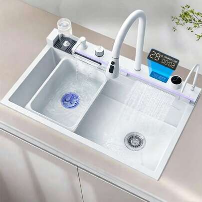 Évier cascade multifonctionnel en acier inoxydable avec robinet extractible et accessoires d'évier (75 cm x 45 cm) Or brossé