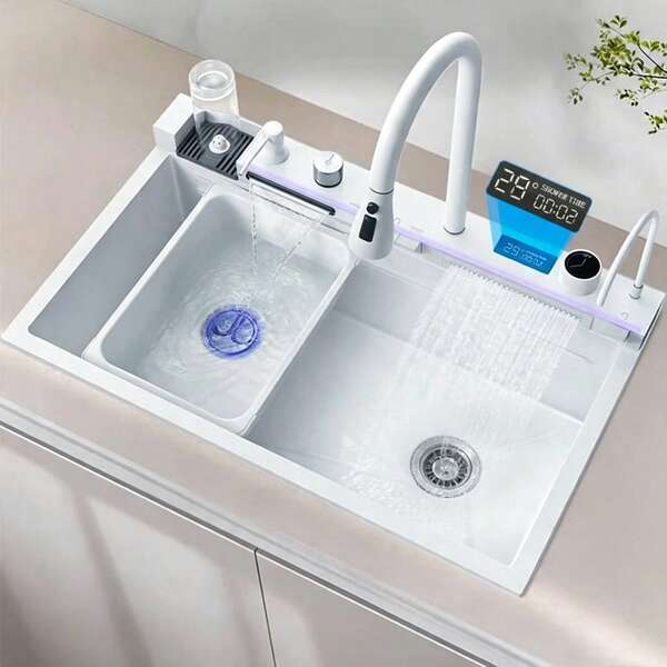 Lavello a cascata multifunzionale in acciaio inox con rubinetto estraibile e accessori per lavello (75 cm x 45 cm) Oro spazzolato