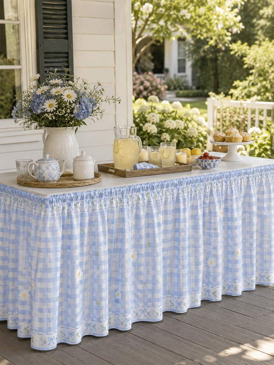 1pc Blue & White Plaid Daisy Table Skirt, Bright & Fresh Rectangular Home Dining Table Decor, Suitable For Year-Round Home Decor, Kitchen & Dining Room Decor, Outdoor Camping & Harvest Decoration - Multicolor - View 1