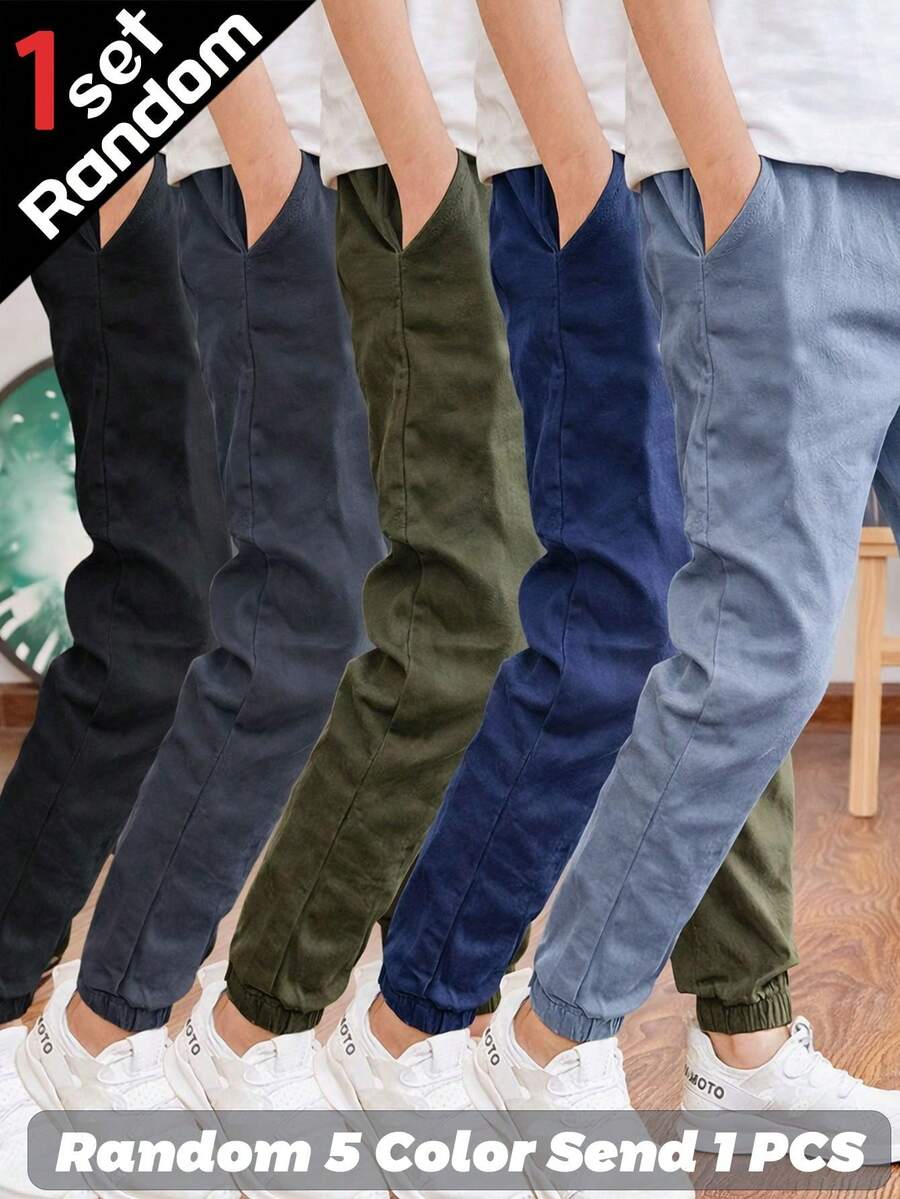[1 Set Random]1pc Boys' Simple Casual Street Outdoor Cargo Pants With Pockets, Spring/Autumn - Dusty Blue - View 1