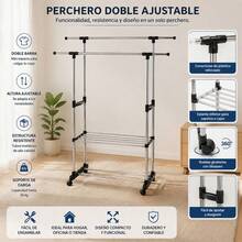 Double Rail Stainless Steel Garment Rack With Wheels And Adjustable Height, Extendable Clothes Drying Rack With Bottom Shoe Shelf, Bedroom And Balcony Organizer - A - 查看 3