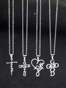 16pcs Stainless Steel Christian Cross, Faith, Amazing Grace, God Themed Bracelet, Necklace And Earring Set,  Pendant Jewelry - Silver - View 4