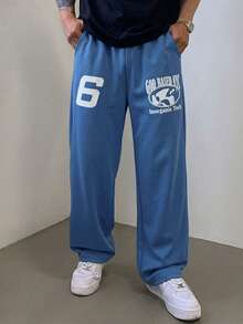 Men's Printed Casual Sweatpants, Loose Straight Leg Sports Pants, Streetwear Letter Design, Comfortable Versatile Slimming Long Pants - Blue - View 11