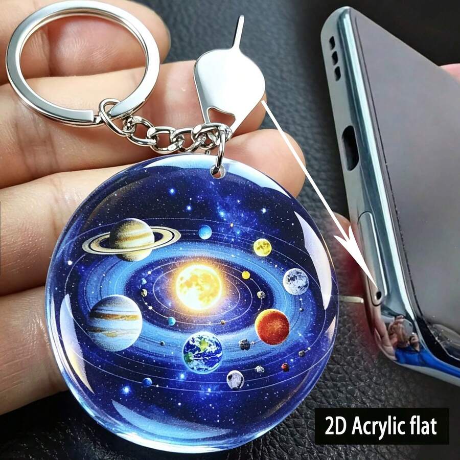 多功能 2D 平面太陽系行星鑰匙圈，附創意智慧型手機 SIM 卡退卡針，太空行星配件吊飾，亦適用於包包裝飾