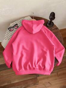 2pcs/Set Teen Girls Outfit, Cute Cat Print Hoodie And Simple Loose Wide Leg Pants, Comfortable Autumn/Winter New Style Girl Outfit - Hot Pink - View 4