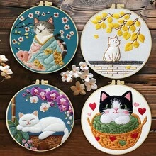1件 20*20cm/7.9*7.9in 可愛貓咪刺繡套件,DIY手工刺繡套裝,適合成人初學者,居家禮物,女性縫紉禮物,包含使用說明書、印花布料、刺繡框、針與線 - Cute Cat - 查看 2