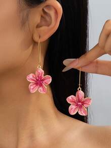 1對時尚百搭夏季新款甜美仙女風手工油滴紮染粉色琺瑯花朵吊墜女款耳環 - 粉色 - 查看 1