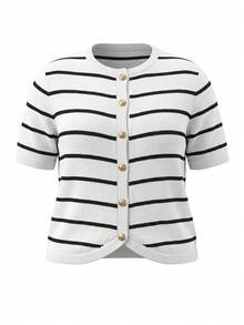 Plus Size Women's Round Neck Striped Single Breasted Casual Versatile Daily Knit Top - White - View 9