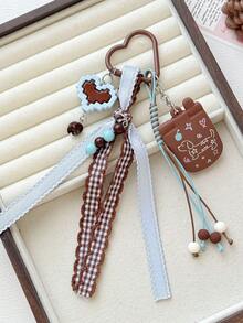 1pc Korean Ins Style Puppy Keychain Blue & Brown Plaid Ribbon Pendant Bag Charm - Multicolor - View 4