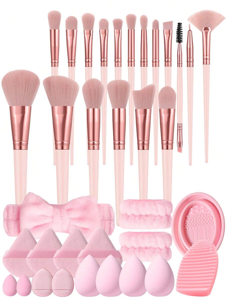 35 Pieces All-In-One Pink Makeup Accessory Kit, 18 Multifunctional Makeup Brushes, Powder Puffs, Cosmetic Sponges, Headband, Wristbands, Brush Cleaner Tools, Soft Blending Tools For Facial & Eye Makeup - Pink - View 1