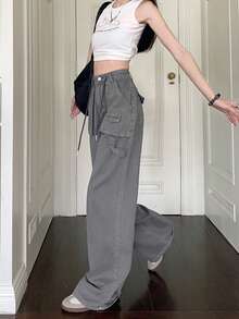 Women's American Style Cargo Pants, Cool & Edgy New High-Waist Wide-Leg Trousers For Summer - Grey - View 3