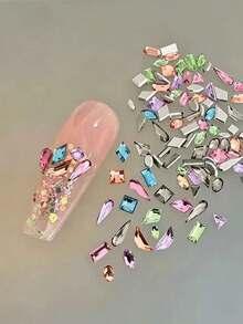 Approx. 100pcs Random Mixed Multi-Shape Rhinestone Metal Patch Combination Accessories, Heart Star Water Drop Irregular Rhinestone Mixed Material, Multi-Color Shiny Style Rich, Multiple Shapes Free Matching, Create Layered Creative Decoration Effect - Multicolor - View 1