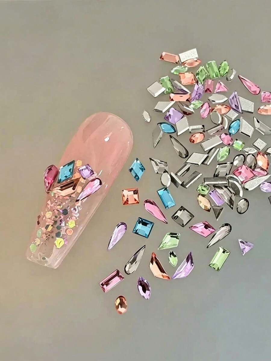 Approx. 100pcs Random Mixed Multi-Shape Rhinestone Metal Patch Combination Accessories, Heart Star Water Drop Irregular Rhinestone Mixed Material, Multi-Color Shiny Style Rich, Multiple Shapes Free Matching, Create Layered Creative Decoration Effect - Multicolor - View 1