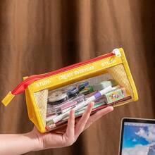 Transparent Mesh Large Capacity Pencil Case, Minimalist Transparent Stationery Box, Student Mesh Bag, Simple Double Layer Compartment Pencil Box - Multicolor - View 3