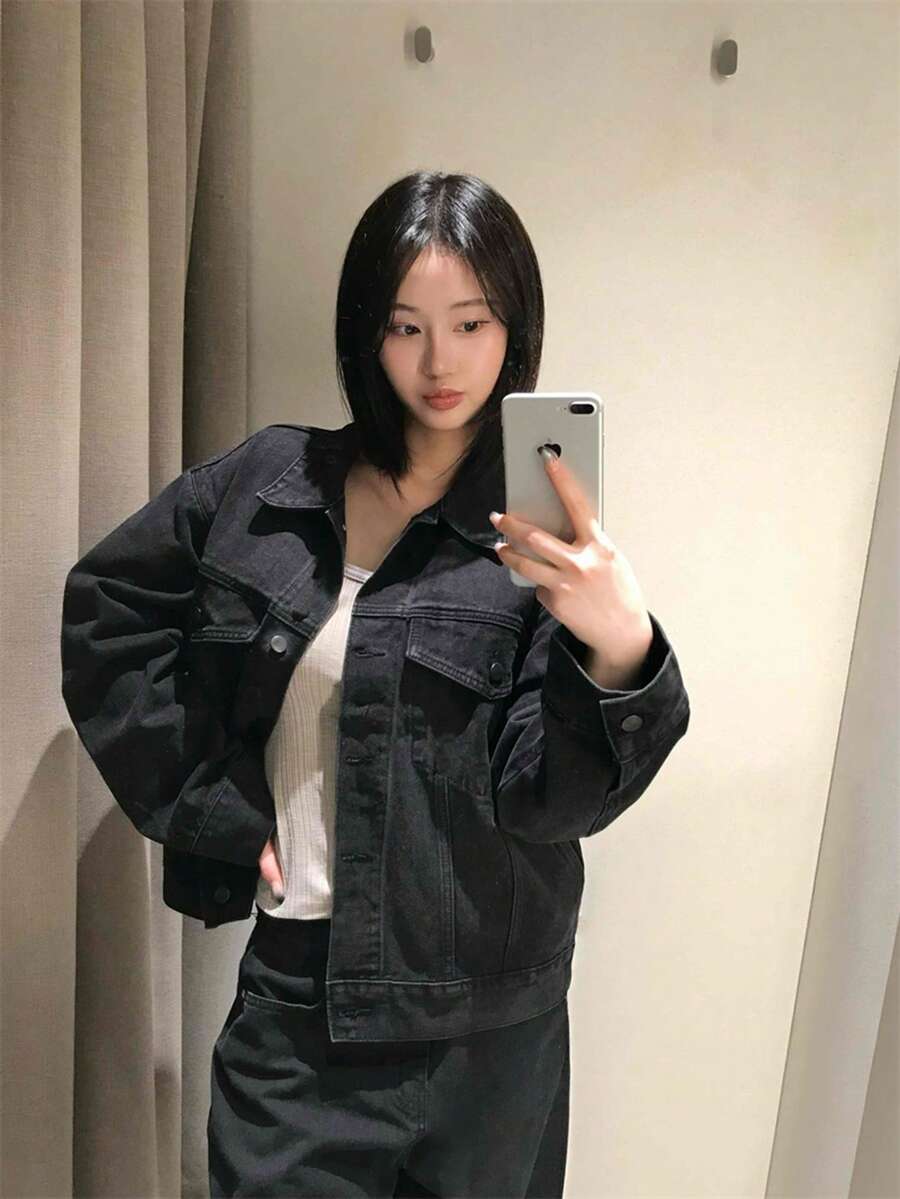 Vintage Contrast Stitching Double Pocket Cropped Denim Jacket - Black - View 1