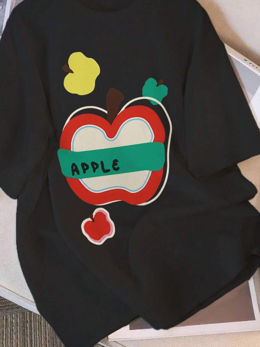 Ladies Apple Leaf Printed Tee, Breathable Round Neck Short Sleeve Casual Top For Summer And Autumn - 黑色 - 查看 1