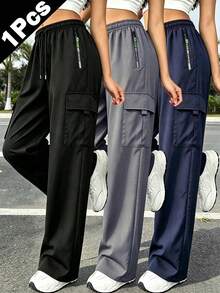 [Fashion Multi-Pocket] Women's Cargo Pants - Loose Casual With Zipper Pockets, Multipurpose Cargo Pants Sports Black - Black - View 2