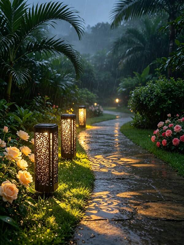4pcs Black Hollow Scroll Solar Lawn Lights, LED Projection Landscape Ground Lights, Light-Sensing Automatic Waterproof Outdoor Decorative Lighting, Suitable For Villa, Garden, Yard, Patio, Walkway, Porch, Backyard