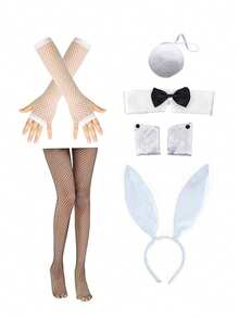6pcs D EXCEED Women's Halloween Rabbit Costume Set, Includes Rabbit Ear Headband, Bowknot, Fishnet Gloves, Rabbit Tail, Fishnet Stockings, Party Dance Cosplay Outfit - Multicolor - View 10